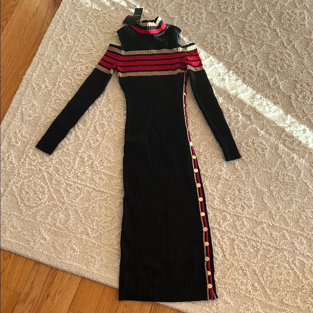Bebe Pink And Black Mock Neck Long Sleeve Bodycon Dress